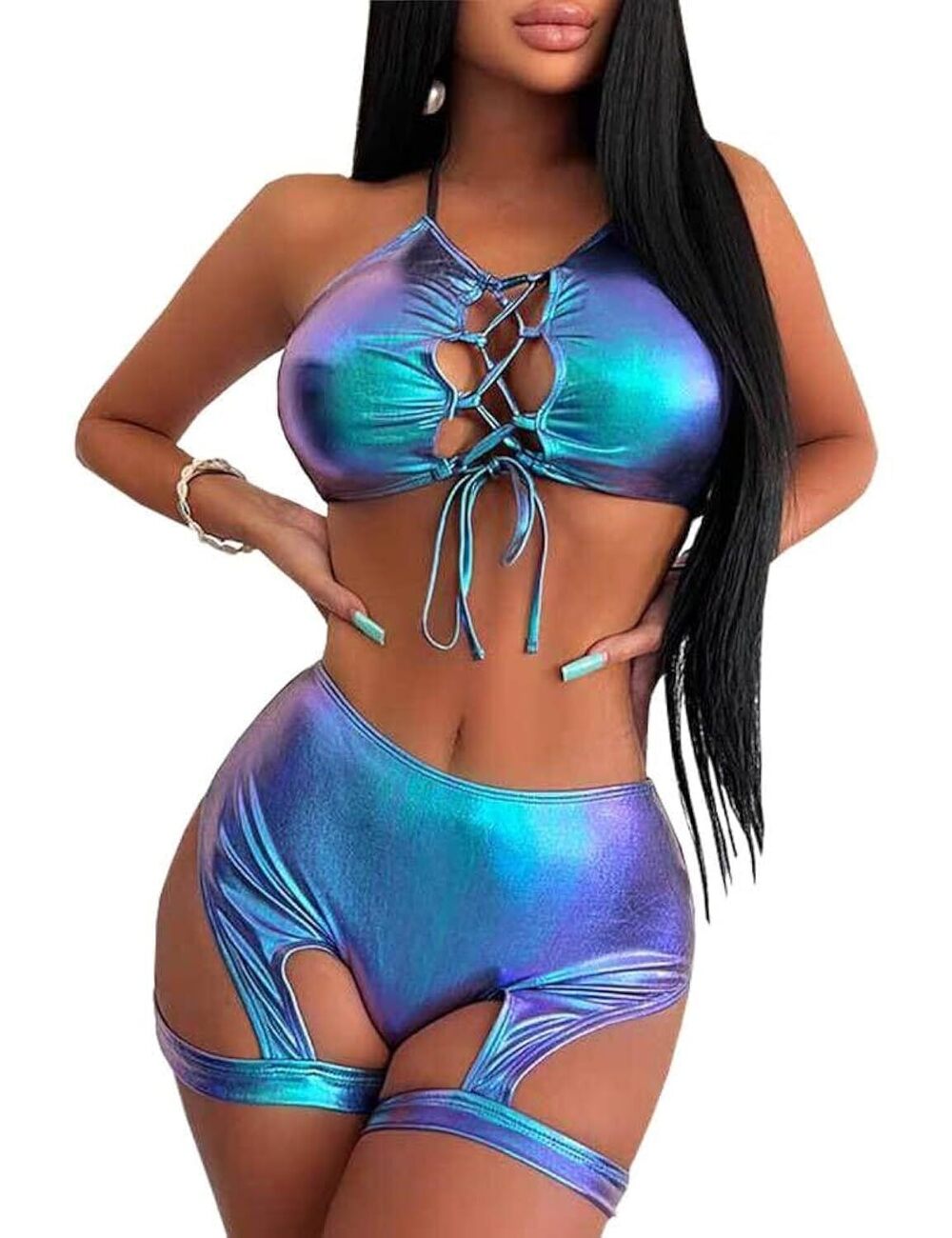 1278 Rave Outfits Shiny Metallic Hollow Crop Top Garter Shorts Party